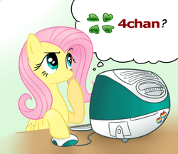 Size: 804x695 | Tagged: safe, edit, screencap, character:fluttershy, 4chan, apple, computer, female, flutter thought, food, fs doesn't know what she's getting into, imac, image macro, looking up, meme, rainbow, raised hoof, solo, text, this will end in tears, thought bubble