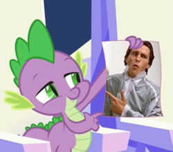 Size: 559x490 | Tagged: safe, edit, edited screencap, screencap, character:spike, episode:the crystalling, g4, my little pony: friendship is magic, dubs, dubs in image number, index get, male, meme, meta, patrick bateman, solo, spike holding a paper