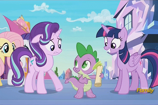 Size: 540x360 | Tagged: safe, edit, edited screencap, screencap, character:fluttershy, character:rarity, character:spike, character:starlight glimmer, character:twilight sparkle, character:twilight sparkle (alicorn), species:alicorn, species:pony, episode:the crystalling, g4, my little pony: friendship is magic, animated, discovery family logo, facehoof, facepalm, female, mare, smiling, the naked gun