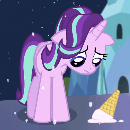 Size: 443x443 | Tagged: safe, edit, screencap, character:starlight glimmer, episode:the crystalling, g4, my little pony: friendship is magic, animated, dropped ice cream, female, floppy ears, food, hilarious in hindsight, ice cream, loop, sad, sad face, sadlight glimmer, snow, snowfall, solo, tear jerker, tragedy