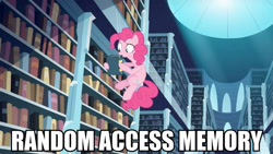 Size: 1278x720 | Tagged: safe, edit, edited screencap, screencap, character:pinkie pie, species:earth pony, species:pony, episode:the crystal empire, g4, my little pony: friendship is magic, book, female, image macro, library, meme, random access memory, solo