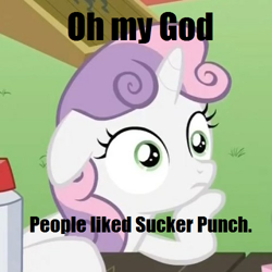 Size: 500x500 | Tagged: safe, edit, edited screencap, screencap, character:sweetie belle, episode:ponyville confidential, g4, my little pony: friendship is magic, meta, obligatory pony, seriously, sucker punch, sudden clarity sweetie belle