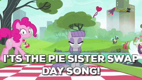 Size: 480x270 | Tagged: safe, edit, screencap, character:apple bumpkin, character:blue peeler, character:maud pie, character:pinkie pie, character:strawberry ice, character:tornado bolt, species:earth pony, species:pony, episode:the gift of the maud pie, g4, my little pony: friendship is magic, animated, apple family member, b. sharp, background pony, boat, building, corral park, cutie mark, discovery family, discovery family logo, female, gif, hey, kite, manehattan, mare, maud being maud, orange sherbet, park, picnic blanket, pie sister swap day song, pinkie being pinkie, pond, siblings, singing, sisters, sitting, skipping, song, swan boat, swanky hank, text, text edit, tree, watermark
