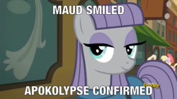 Size: 800x450 | Tagged: safe, edit, edited screencap, screencap, character:beaude mane, character:luckette, character:maud pie, species:earth pony, species:pony, episode:the gift of the maud pie, g4, my little pony: friendship is magic, background pony, caption, female, image macro, male, mare, meme, misspelling, smiling, solo focus, stallion, when she smiles