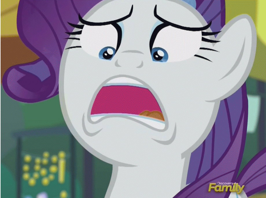 Size: 920x686 | Tagged: safe, edit, screencap, character:rarity, episode:the gift of the maud pie, g4, my little pony: friendship is magic, animated, content-aware scale, discovery family logo, shitposting, wat