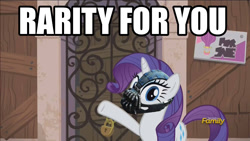 Size: 1366x768 | Tagged: safe, edit, screencap, character:rarity, episode:the gift of the maud pie, g4, my little pony: friendship is magic, bane, baneposting, discovery family logo, female, for you, image macro, meme, rarity for you, sale, solo, the dark knight rises