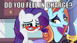 Size: 1280x720 | Tagged: safe, edit, screencap, character:rarity, character:sassy saddles, episode:canterlot boutique, g4, my little pony: friendship is magic, bane, baneposting, dialogue, glasses, image macro, leaning, meme, movie quote, open mouth, talking, text, the dark knight rises