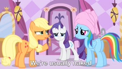 Size: 2208x1242 | Tagged: safe, edit, edited screencap, screencap, character:applejack, character:rainbow dash, character:rarity, species:pony, episode:the best night ever, g4, my little pony: friendship is magic, season 1, caption, female, mare, nothing at all, out of context, plot, towel, we don't normally wear clothes