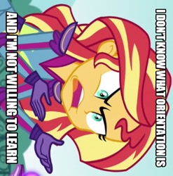 Size: 534x540 | Tagged: safe, edit, edited screencap, screencap, character:sunset shimmer, equestria girls:friendship games, g4, my little pony: equestria girls, my little pony:equestria girls, angry, caption, exploitable meme, female, image macro, meme, orientation, sideways image, solo, sunset is not willing to learn