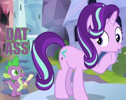 Size: 750x600 | Tagged: safe, edit, edited screencap, screencap, character:spike, character:starlight glimmer, species:dragon, species:pony, species:unicorn, ship:sparlight, episode:the crystalling, g4, my little pony: friendship is magic, caption, dat butt, duckface, female, image macro, male, meme, open mouth, raised hoof, scroll, shipping, stare, straight, the ass was fat