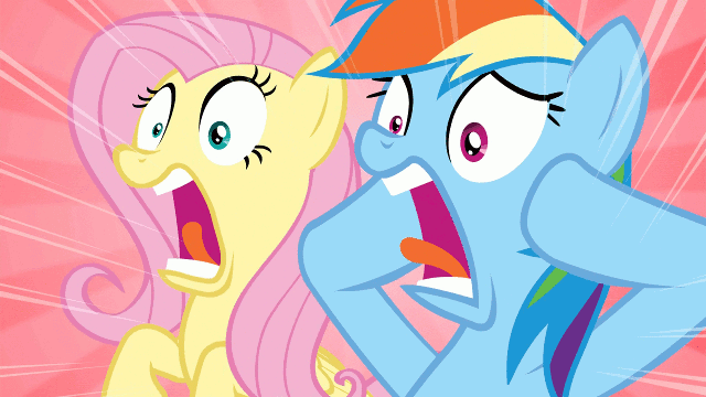 Size: 640x360 | Tagged: safe, edit, edited screencap, screencap, character:fluttershy, character:rainbow dash, episode:trade ya, g4, my little pony: friendship is magic, animated, content-aware scale, screaming, wat