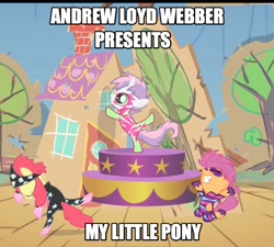 Size: 907x817 | Tagged: safe, edit, edited screencap, screencap, character:apple bloom, character:scootaloo, character:sweetie belle, species:pegasus, species:pony, episode:the show stoppers, g4, my little pony: friendship is magic, andrew lloyd webber, bipedal, clothing, cropped, cutie mark crusaders, image macro, musical, show stopper outfits, standing, standing on one leg