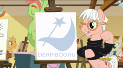 Size: 1280x716 | Tagged: safe, edit, edited screencap, screencap, derpibooru, episode:on your marks, g4, my little pony: friendship is magic, andy warhol, discovery family logo, exploitable meme, meme, meta, painting, pop art (character)