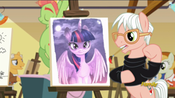 Size: 1280x720 | Tagged: safe, edit, edited screencap, screencap, character:peachy pitt, character:twilight sparkle, character:twilight sparkle (alicorn), species:alicorn, species:pony, episode:on your marks, episode:what about discord?, g4, my little pony: friendship is magic, andy warhol, discovery family logo, female, mare, meme, pop art (character)