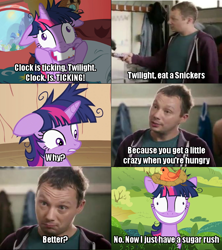 Size: 640x720 | Tagged: safe, edit, edited screencap, screencap, character:twilight sparkle, species:bird, episode:lesson zero, g4, my little pony: friendship is magic, bird nest, comic, crazy face, faec, image macro, meme, nice job breaking it hero, screencap comic, snickers, twilight snapple, you're not you when you're hungry