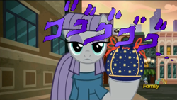 Size: 1270x717 | Tagged: safe, edit, edited screencap, screencap, character:maud pie, episode:the gift of the maud pie, g4, my little pony: friendship is magic, death stare, jojo's bizarre adventure, menacing, muda pie, rock pouch, the fire in her eyes, ゴ ゴ ゴ