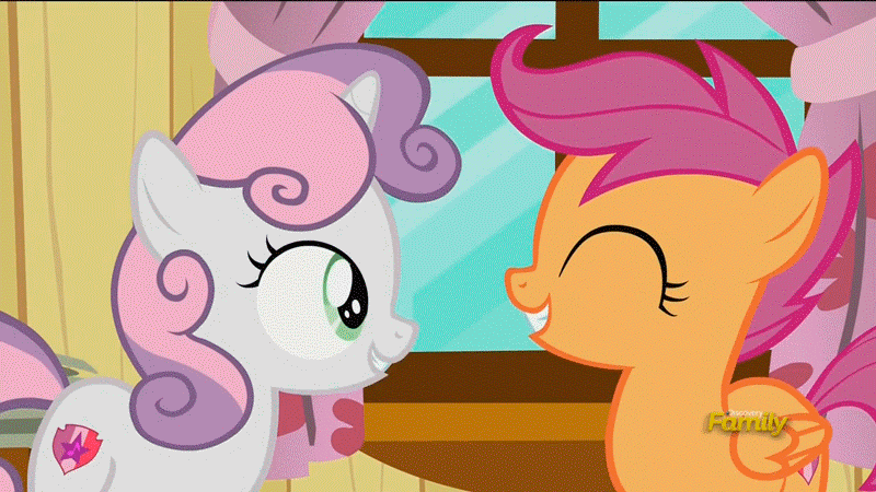Size: 800x450 | Tagged: safe, edit, edited screencap, screencap, character:apple bloom, character:scootaloo, character:sweetie belle, species:pegasus, species:pony, episode:on your marks, g4, my little pony: friendship is magic, animated, cutie mark, cutie mark crusaders, discovery family logo, hoers, hoers mask, horse head, loop, the cmc's cutie marks