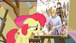 Size: 1280x720 | Tagged: safe, edit, edited screencap, screencap, character:apple bloom, episode:on your marks, g4, my little pony: friendship is magic, apple bloom's painting, berserk, discovery family logo, farnese, guts, ivalera, meme, painting, schierke, serpico
