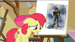 Size: 638x360 | Tagged: safe, edit, edited screencap, screencap, character:apple bloom, episode:on your marks, g4, my little pony: friendship is magic, apple bloom's painting, cutie mark, discovery family logo, female, jojo's bizarre adventure, jotaro kujo, solo, the cmc's cutie marks