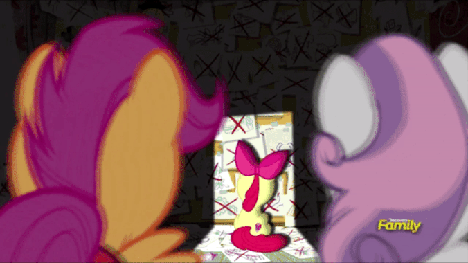 Size: 676x380 | Tagged: safe, edit, screencap, character:apple bloom, character:scootaloo, character:sweetie belle, species:pegasus, species:pony, episode:on your marks, g4, my little pony: friendship is magic, animated, bummer vacation, cutie mark crusaders, meme, snapple bloom, spongebob squarepants, text