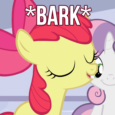 Size: 464x464 | Tagged: safe, edit, screencap, character:apple bloom, character:sweetie belle, episode:on your marks, g4, my little pony: friendship is magic, adorabloom, animated, barking, behaving like a dog, cute, image macro, meme, text