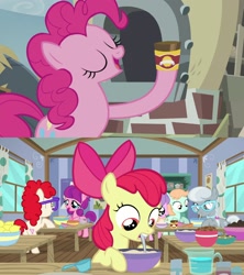 Size: 1920x2160 | Tagged: safe, edit, edited screencap, screencap, character:apple bloom, character:diamond tiara, character:lily longsocks, character:peach fuzz, character:pinkie pie, character:silver spoon, character:twist, species:earth pony, species:pony, episode:on your marks, episode:the lost treasure of griffonstone, g4, my little pony: friendship is magic, baking, baking powder, bowl, comparison, eyes closed, female, filly, foal, mare, mixing bowl