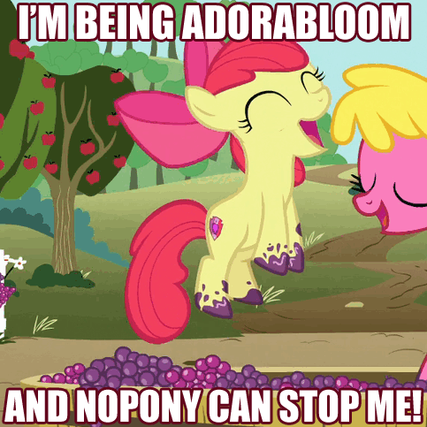 Size: 483x483 | Tagged: safe, edit, edited screencap, screencap, character:apple bloom, character:cherry berry, episode:on your marks, g4, my little pony: friendship is magic, adorabloom, and nopony can stop me, animated, cute, floppy ears, food, grape juice, grapes, happy, image macro, juice, jumping, meme, solo focus, text
