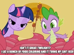 Size: 773x578 | Tagged: safe, edit, edited screencap, screencap, character:spike, character:twilight sparkle, species:dragon, species:pony, species:unicorn, episode:lesson zero, g4, my little pony: friendship is magic, caption, cupcake, duo, female, food coloring, image macro, implied poop, male, mare, vulgar
