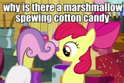 Size: 960x644 | Tagged: safe, edit, edited screencap, screencap, character:apple bloom, character:sweetie belle, episode:hearts and hooves day, g4, my little pony: friendship is magic, butt, cannot unsee, cropped, duo, image macro, marshmallow, plot, sweetie belle is a marshmallow too