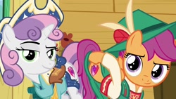 Size: 1280x720 | Tagged: safe, edit, edited screencap, screencap, character:scootaloo, character:sweetie belle, species:pegasus, species:pony, episode:on your marks, g4, my little pony: friendship is magic, bedroom eyes, boots, clothing, cow belle, cowboy boots, cowboy hat, cutie mark, hat, inverted mouth, lederhosen, looking at you, out of context, plot, raised eyebrow, shoes, skirt, skirt lift, smiling, stetson, the cmc's cutie marks, undressing, we already got our mark, yodeloo