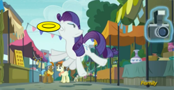 Size: 2481x1281 | Tagged: safe, edit, edited screencap, screencap, character:rarity, episode:the gift of the maud pie, g4, my little pony: friendship is magic, behaving like a dog, behaving like pinkie pie, discovery family logo, frisbee