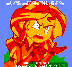 Size: 256x240 | Tagged: safe, edit, edited screencap, screencap, character:sunset shimmer, equestria girls:friendship games, g4, my little pony: equestria girls, my little pony:equestria girls, 8-bit, caption, exploitable meme, image macro, meme, nintendo entertainment system, small resolution, sunset is not willing to learn