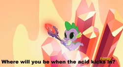 Size: 1663x911 | Tagged: safe, edit, edited screencap, screencap, character:spike, episode:gauntlet of fire, g4, my little pony: friendship is magic, bloodstone scepter, bloodstoned spike, dilated pupils, discovery family logo, dragon lord spike, image macro, meme, where will you be when the drugs kick in?
