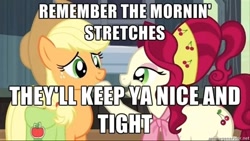 Size: 500x281 | Tagged: safe, edit, edited screencap, screencap, character:applejack, character:cherry jubilee, species:earth pony, species:pony, episode:the last roundup, g4, my little pony: friendship is magic, caption, duo, female, image macro, looking at each other, madame jubilee, mare, meme, text