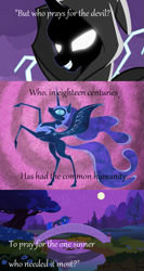 Size: 639x1198 | Tagged: safe, edit, edited screencap, screencap, character:nightmare moon, character:princess luna, episode:friendship is magic, episode:luna eclipsed, g4, my little pony: friendship is magic, bridge, cloak, clothing, comic, cry for the devil, female, glowing eyes, lightning, mark twain, nightmare night, quote, sad, screencap comic, solo, text