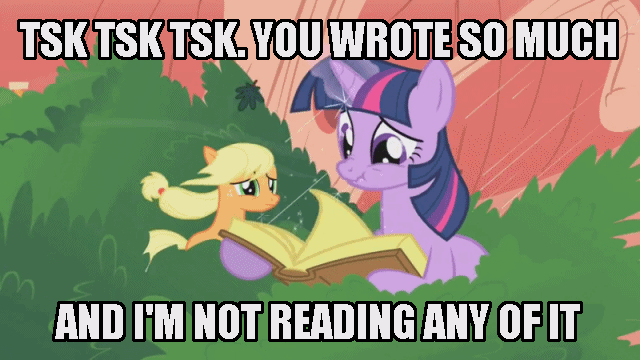 Size: 640x360 | Tagged: safe, edit, edited screencap, screencap, character:applejack, character:twilight sparkle, species:earth pony, species:pony, species:unicorn, episode:look before you sleep, g4, my little pony: friendship is magic, animated, book, didn't read, female, gif, glowing horn, head shake, horn, image macro, leaves, mare, meme, rain, reaction image, reading, sad, scrunchy face, storm, text, tl;dr, unhapplejack, wind