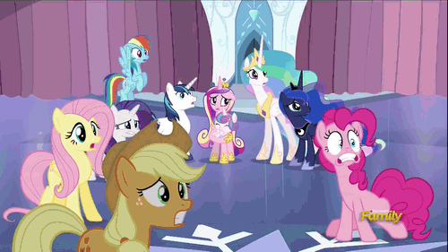 Size: 500x281 | Tagged: safe, edit, edited screencap, screencap, character:applejack, character:fluttershy, character:pinkie pie, character:princess cadance, character:princess celestia, character:princess flurry heart, character:princess luna, character:rainbow dash, character:rarity, character:shining armor, character:spike, character:twilight sparkle, character:twilight sparkle (alicorn), species:alicorn, species:earth pony, species:pegasus, species:pony, species:unicorn, episode:the crystalling, g4, my little pony: friendship is magic, animated, content-aware scale, death, discovery family logo, female, help, kill me, male, mane six, mare, royal sisters, stallion, wat, wtf