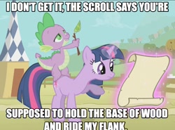Size: 1043x772 | Tagged: safe, edit, edited screencap, screencap, character:spike, character:twilight sparkle, species:dragon, species:pony, episode:fall weather friends, g4, my little pony: friendship is magic, dragons riding ponies, duo, image macro, joke, riding, scroll, stick