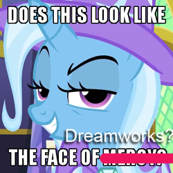 Size: 350x350 | Tagged: safe, edit, edited screencap, screencap, character:trixie, species:pony, species:unicorn, episode:no second prances, g4, my little pony: friendship is magic, bedroom eyes, dreamworks, dreamworks face, female, image macro, mare, meme, no second glances, solo, text, trixie yells at everything
