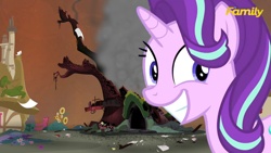 Size: 1280x720 | Tagged: safe, edit, edited screencap, screencap, character:starlight glimmer, episode:no second prances, g4, my little pony: friendship is magic, disaster girl, female, golden oaks library, grin, irrational exuberance, smiling, solo, squee, wide eyes