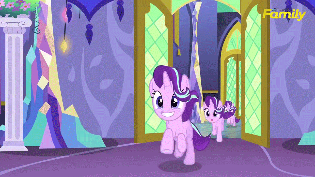 Size: 1280x720 | Tagged: safe, edit, edited screencap, screencap, character:starlight glimmer, species:pony, species:unicorn, episode:no second prances, g4, my little pony: friendship is magic, animated, cute, female, glimmerbetes, happy, inception, mare, multeity, open mouth, running, smiling, solo, starlight cluster