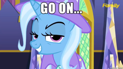 Size: 610x343 | Tagged: safe, edit, edited screencap, screencap, character:trixie, species:pony, species:unicorn, episode:no second prances, g4, my little pony: friendship is magic, dreamworks face, female, go on, grin, image macro, imgur, mare, meme, no second glances, reaction image, smirk, trixie yells at everything