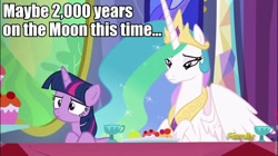 Size: 960x539 | Tagged: safe, edit, edited screencap, screencap, character:princess celestia, character:twilight sparkle, character:twilight sparkle (alicorn), species:alicorn, species:pony, episode:no second prances, g4, my little pony: friendship is magic, celestia is not amused, discovery family logo, image macro, inner thoughts, meme, scene interpretation, to the moon, unamused