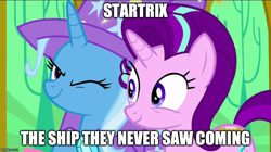 Size: 800x449 | Tagged: safe, edit, screencap, character:starlight glimmer, character:trixie, species:pony, species:unicorn, ship:startrix, episode:no second prances, g4, my little pony: friendship is magic, discovery family logo, female, lesbian, mare, shipping