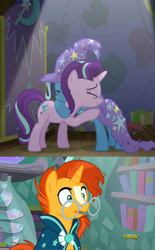 Size: 1189x1918 | Tagged: safe, edit, screencap, character:starlight glimmer, character:sunburst, character:trixie, species:pony, species:unicorn, ship:startrix, episode:no second prances, g4, my little pony: friendship is magic, clothing, exploitable meme, female, lesbian, lesbian in front of boys, male, mare, meme, shipping, torn clothes, waifu thief