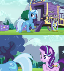 Size: 1274x1420 | Tagged: safe, edit, screencap, character:starlight glimmer, character:trixie, species:pony, species:unicorn, ship:startrix, episode:no second prances, g4, my little pony: friendship is magic, caption, caravan, discovery family logo, eyes on the prize, female, lesbian, mare, out of context, plot, shipping, text, trixie's wagon, wagon