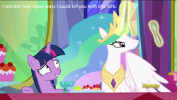 Size: 1280x720 | Tagged: safe, edit, edited screencap, screencap, character:princess celestia, character:twilight sparkle, character:twilight sparkle (alicorn), species:alicorn, species:pony, episode:no second prances, g4, my little pony: friendship is magic, bored, caption, discovery family logo, female, fork, forklestia, inner thoughts, mare, scene interpretation