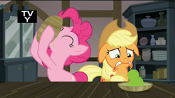 Size: 1920x1080 | Tagged: safe, edit, edited screencap, screencap, character:applejack, character:pinkie pie, episode:hearthbreakers, g4, my little pony: friendship is magic, do not want, floppy ears, food, hilarious in hindsight, pear, pearlarious in hindsight, pie family home, rock soup, soup, that pony sure does hate pears