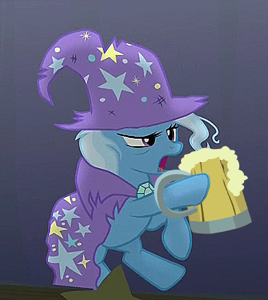 Size: 391x437 | Tagged: safe, edit, edited screencap, screencap, character:trixie, species:pony, episode:no second prances, g4, my little pony: friendship is magic, alcohol, animated, balancing, bipedal, cape, cider, clothing, drunk, female, frown, hat, hoof hold, messy mane, open mouth, raised hoof, raised leg, solo, tankard, the great and alcoholics trixie, the paint and growerful triskie, tipsy, torn clothes, trixie's cape, trixie's hat