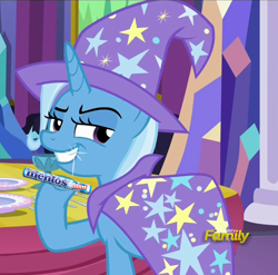 Size: 1136x1123 | Tagged: safe, edit, screencap, character:trixie, species:pony, species:unicorn, episode:no second prances, g4, my little pony: friendship is magic, discovery family logo, female, mare, mentos, mints, solo